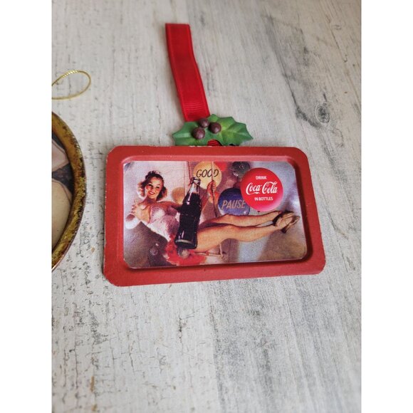 Vintage Coca-Cola girl drinking rustic Xmas ornament set Coke - Picture 4 of 8